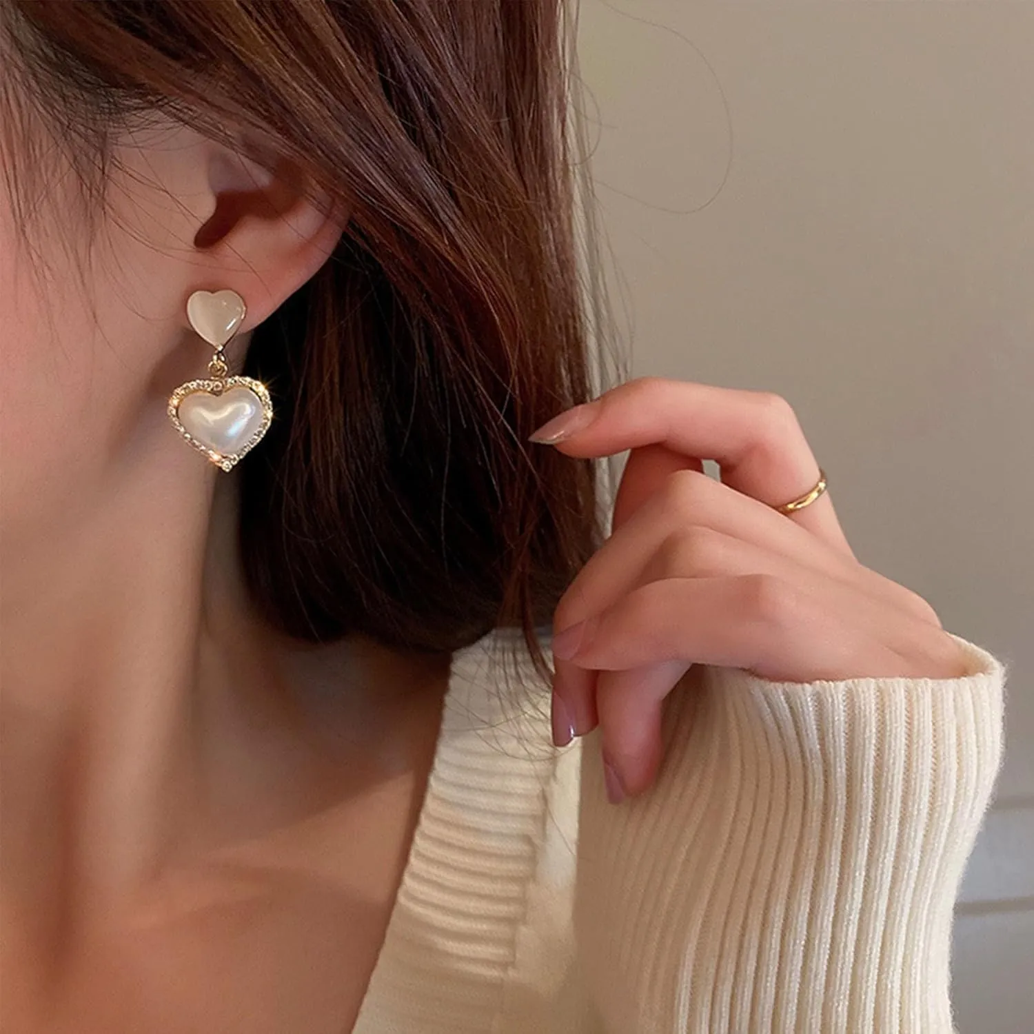 Pearl Heart Tassel Studs Earrings Pearl Heart Drop Huggie Hoop Earrings Birthday Valentine Mother Day Christmas Jewelry