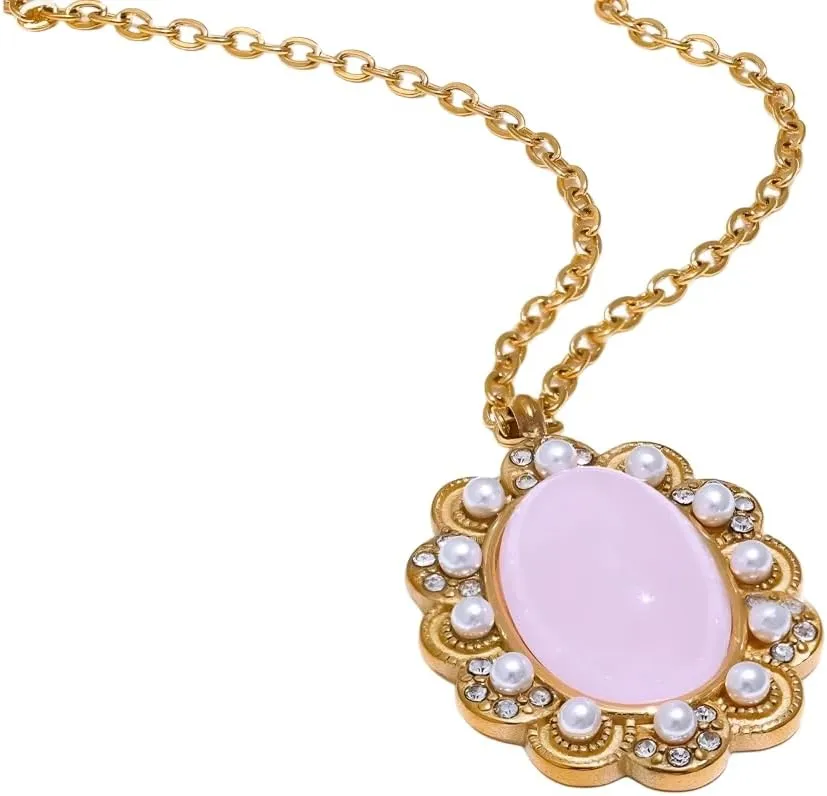 Pearl necklaces for women France Vintage Oval Pendant Pink Necklace Stainless Steel Imitation Pearl Stone Zircon Premium Jewelry-T37