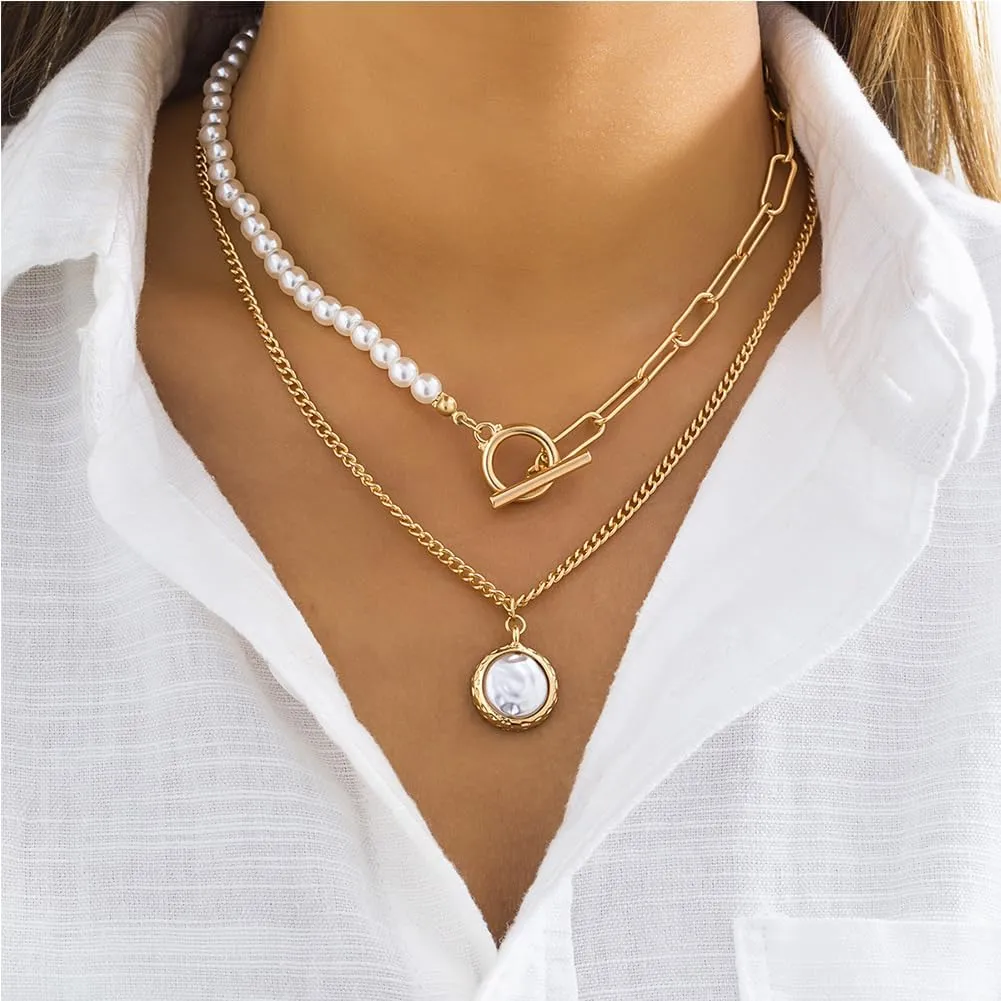 Pearl Paperclip Necklace Choker Pearl Toggle Clasp Necklaces for Women Double Layered Imitation Pearl Necklace Pendant Summer Beach Jewelry Gifts