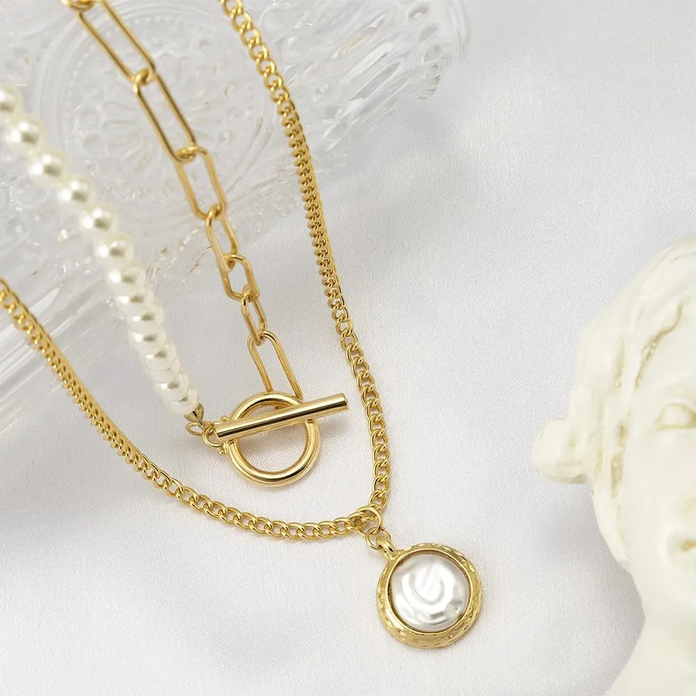 Pearl Paperclip Necklace Choker Pearl Toggle Clasp Necklaces for Women Double Layered Imitation Pearl Necklace Pendant Summer Beach Jewelry Gifts
