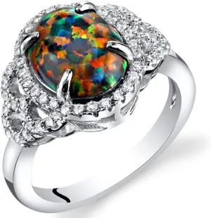PEORA Created Black Fire Opal Large Vintage Style Ring for Women 925 Sterling Silver, 1.25 Carats Oval Shape 10x8mm, Sizes 5 to 9