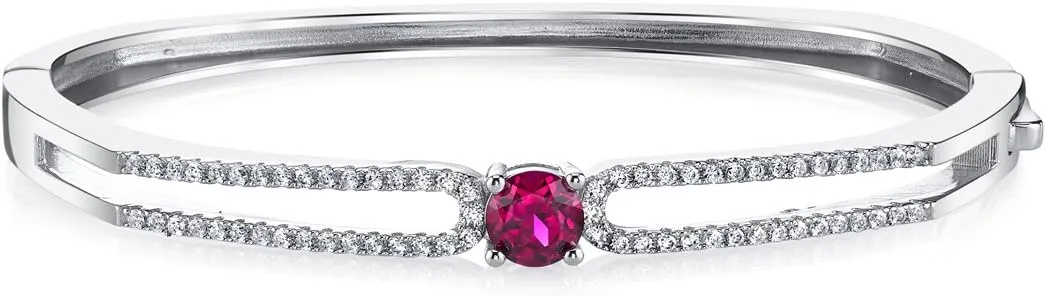 PEORA Created Ruby Solaris Hinged Bangle Bracelet for Women in Sterling Silver, Round Shape, 6mm, 1.25 Carats total, 2.25 inches diameter, Red Ruby Bangle Bracelet, July Birthstone Jewelry