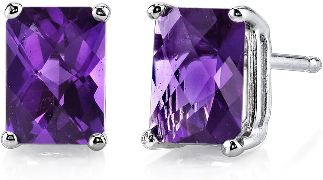Peora Solid 14K White Gold Amethyst Earrings for Women, Genuine Gemstone Solitaire Studs, 7x5mm Radiant Cut, 1.75 Carats total, Friction Back, Hypoallergenic Gold Stud Earrings,