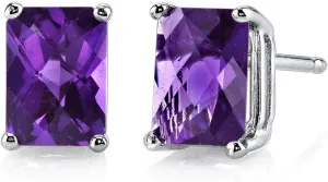 Peora Solid 14K White Gold Amethyst Earrings for Women, Genuine Gemstone Solitaire Studs, 7x5mm Radiant Cut, 1.75 Carats total, Friction Back, Hypoallergenic Gold Stud Earrings,