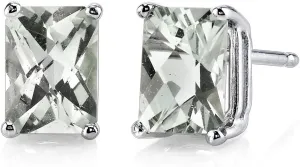 Peora Solid 14K White Gold Green Amethyst Earrings for Women, Genuine Gemstone Solitaire Studs, 7x5mm Radiant Cut, 1.75 Carats total, Friction Back, Hypoallergenic Gold Stud Earrings,