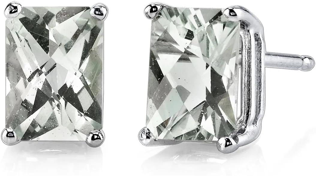 Peora Solid 14K White Gold Green Amethyst Earrings for Women, Genuine Gemstone Solitaire Studs, 7x5mm Radiant Cut, 1.75 Carats total, Friction Back, Hypoallergenic Gold Stud Earrings,