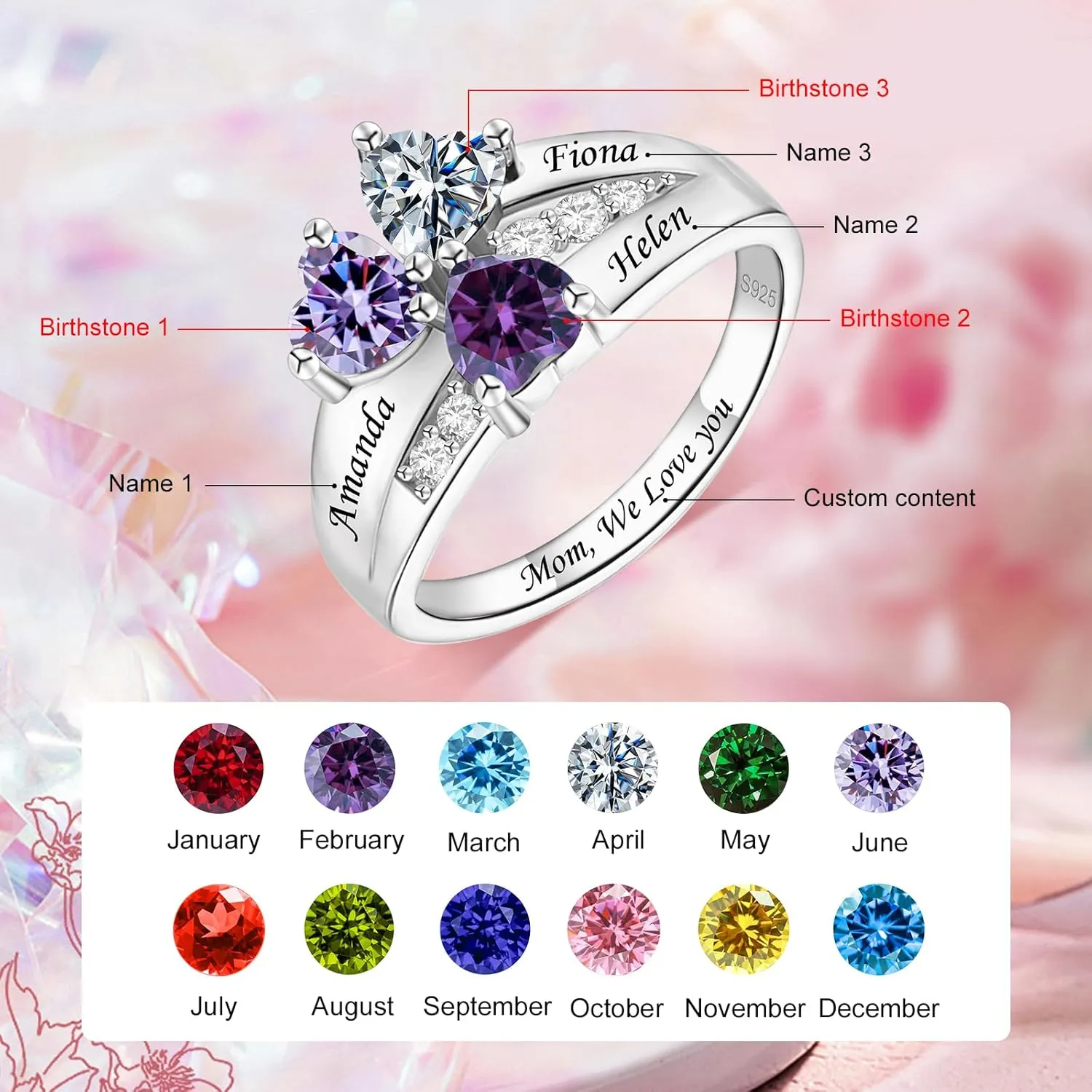Personalized 2-4 Birthstone Rings,Custom Name 925 Sterling Silver Rings for Mom Women Grandmother Wife Jewelry Gifts Promise Rings for Mother's Day Birthdays