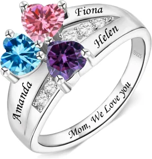 Personalized 2-4 Birthstone Rings,Custom Name 925 Sterling Silver Rings for Mom Women Grandmother Wife Jewelry Gifts Promise Rings for Mother's Day Birthdays