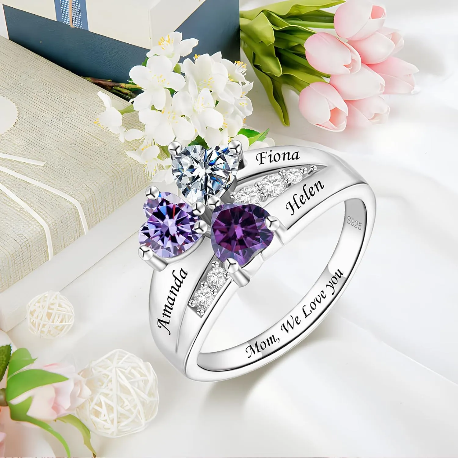 Personalized 2-4 Birthstone Rings,Custom Name 925 Sterling Silver Rings for Mom Women Grandmother Wife Jewelry Gifts Promise Rings for Mother's Day Birthdays