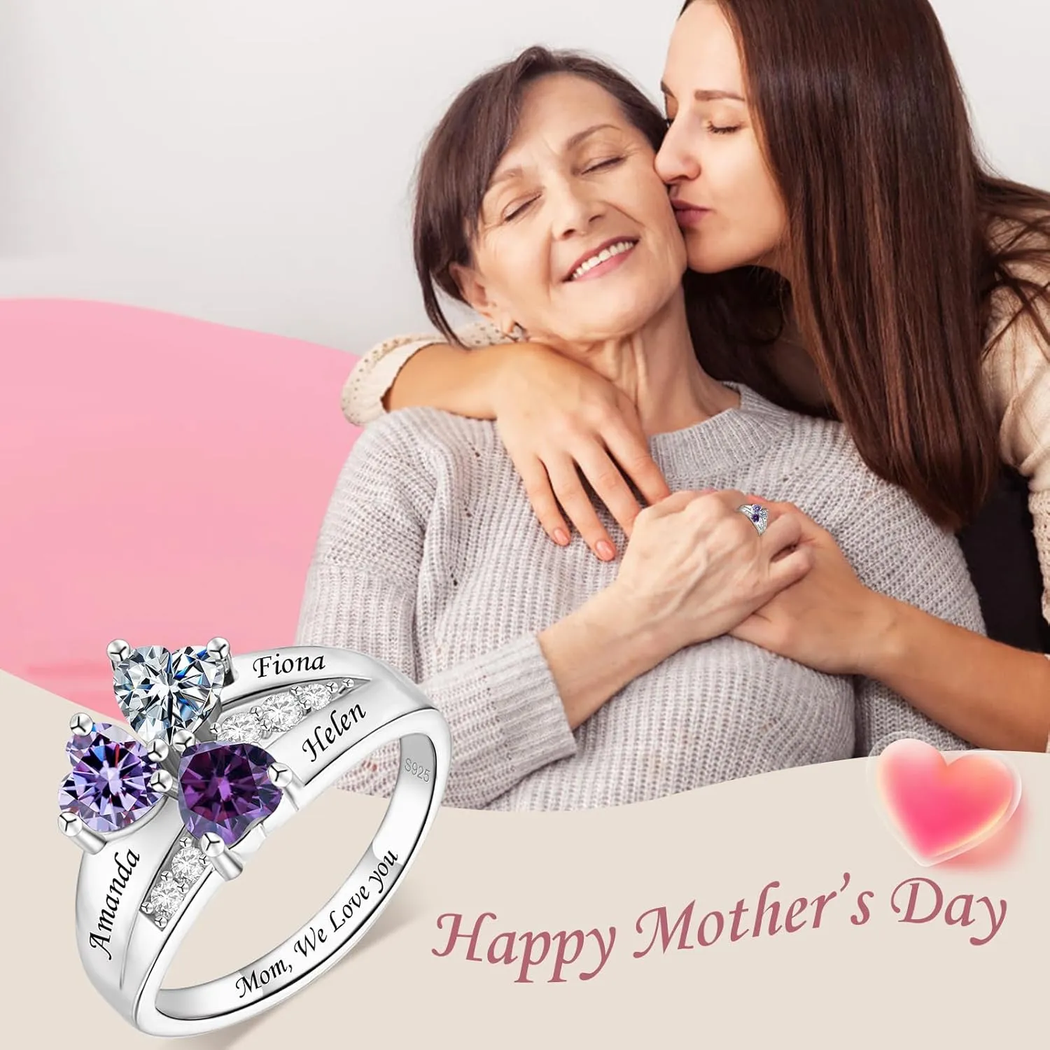 Personalized 2-4 Birthstone Rings,Custom Name 925 Sterling Silver Rings for Mom Women Grandmother Wife Jewelry Gifts Promise Rings for Mother's Day Birthdays