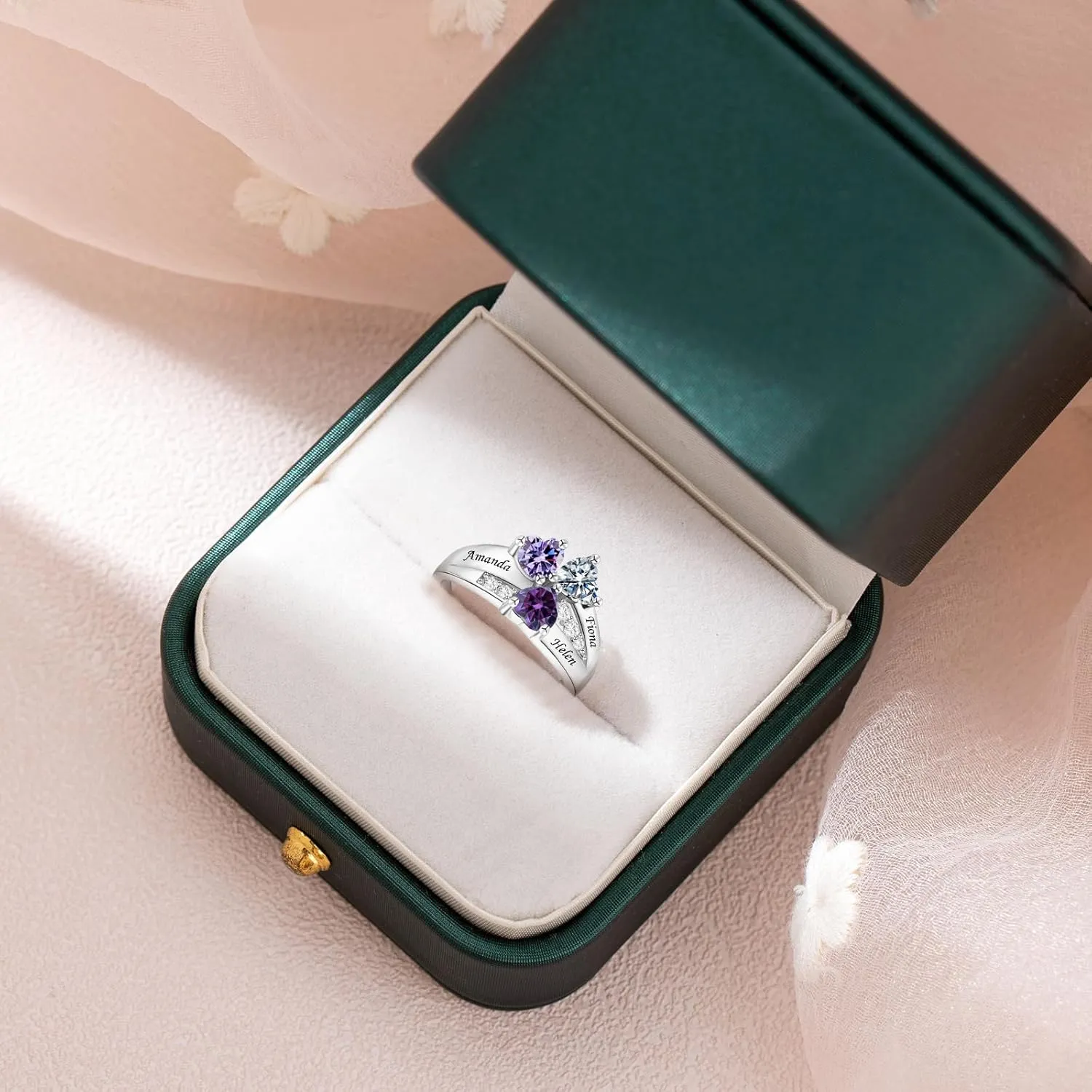 Personalized 2-4 Birthstone Rings,Custom Name 925 Sterling Silver Rings for Mom Women Grandmother Wife Jewelry Gifts Promise Rings for Mother's Day Birthdays