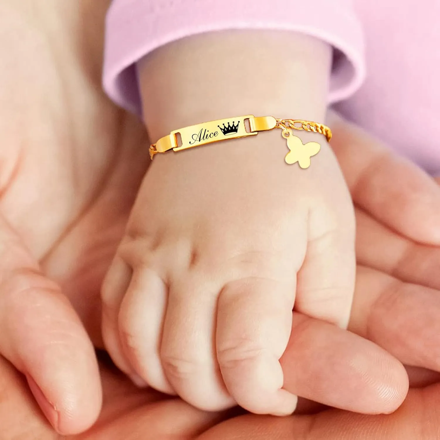 Personalized Baby Bracelets for Infant Girls Boys Baby Customized Name Bar Id Bracelet 14k Gold Plated 925 Silver Plating for Toddler New Born First Birthday Great Gifts 0-6 Years Old (Classic 1)