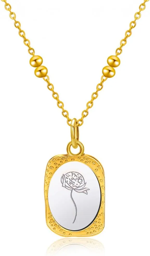 Personalized Birth Flower Necklace Gold Silver Two Tone Pendant Stainless Steel Necklace Mother's Day 17.7 inches