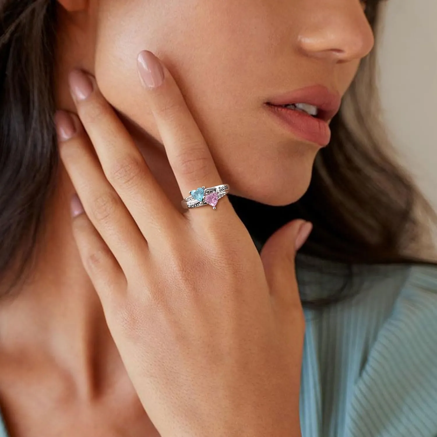 Personalized Birthstone Ring for Women - 14K Gold Plated Stackable Heart Ring,Custom Engraved Name Ring Band,2 Birth Stone Promise Ring for Her,Happy Birthday Jewelry Gifts for Mother Girlfriend Wife