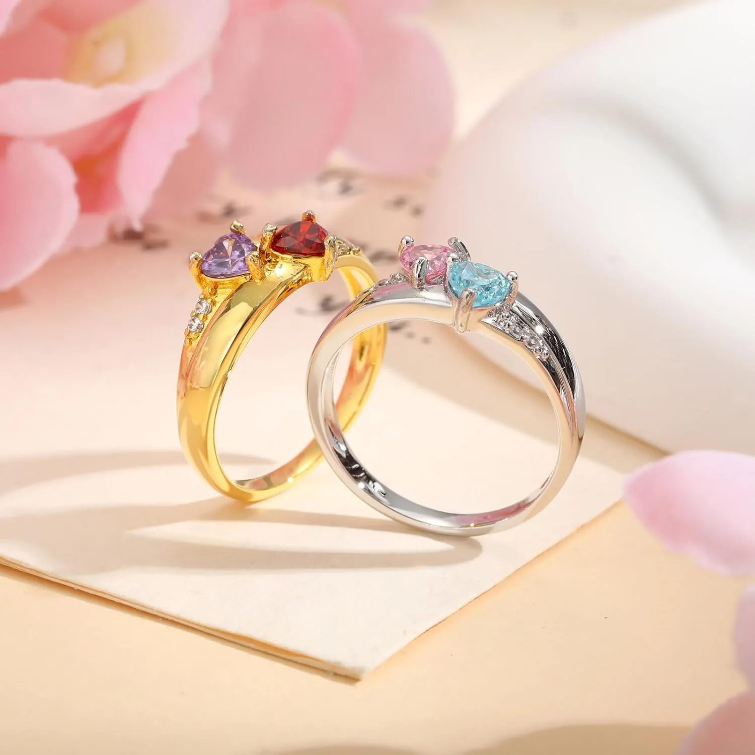 Personalized Birthstone Ring for Women - 14K Gold Plated Stackable Heart Ring,Custom Engraved Name Ring Band,2 Birth Stone Promise Ring for Her,Happy Birthday Jewelry Gifts for Mother Girlfriend Wife