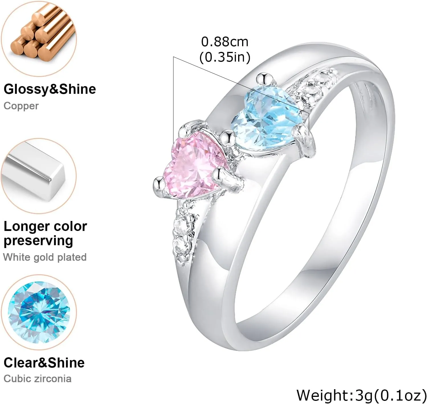 Personalized Birthstone Ring for Women - 14K Gold Plated Stackable Heart Ring,Custom Engraved Name Ring Band,2 Birth Stone Promise Ring for Her,Happy Birthday Jewelry Gifts for Mother Girlfriend Wife