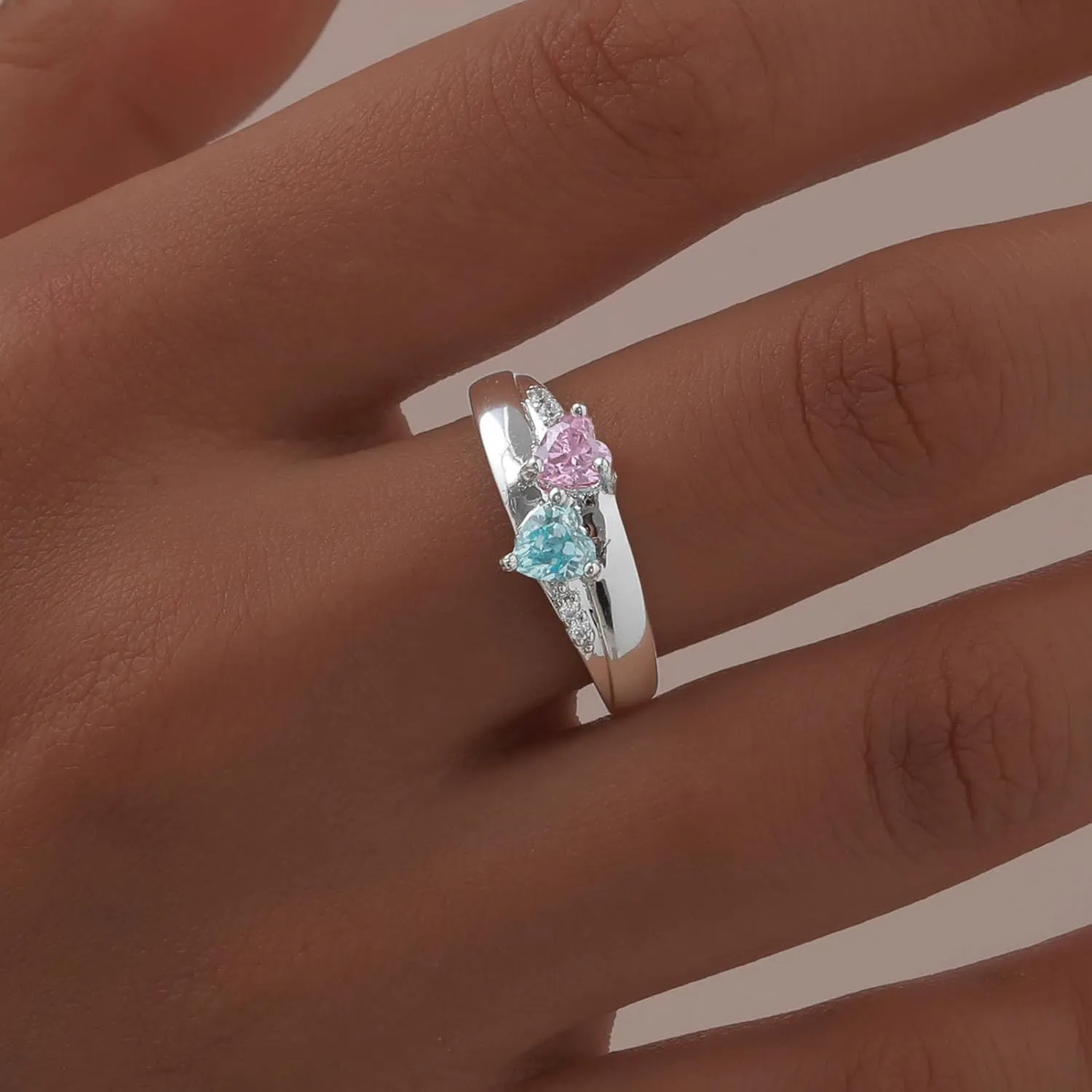 Personalized Birthstone Ring for Women - 14K Gold Plated Stackable Heart Ring,Custom Engraved Name Ring Band,2 Birth Stone Promise Ring for Her,Happy Birthday Jewelry Gifts for Mother Girlfriend Wife