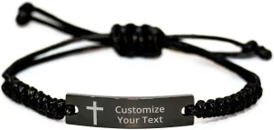 Personalized Christian Bible Verses Black Rope Bracelet Inspirational Scripture ID Cross Religious Quote Faith God Engraved Adjustable Customized Gifts for Men Women Kiss Him Husband Father Bois