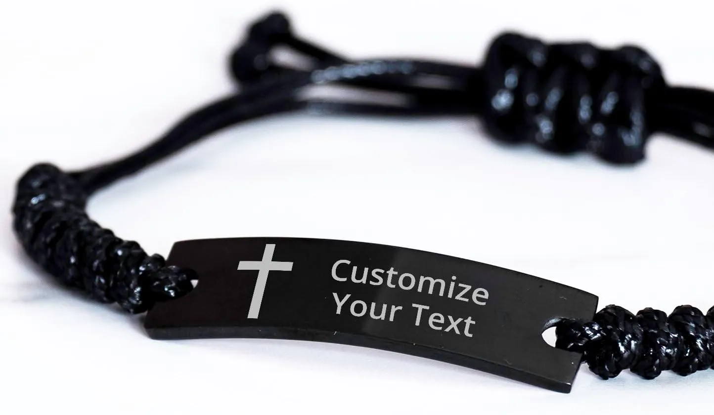 Personalized Christian Bible Verses Black Rope Bracelet Inspirational Scripture ID Cross Religious Quote Faith God Engraved Adjustable Customized Gifts for Men Women Kiss Him Husband Father Bois