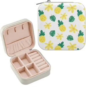 Pineapple Flowers Palm Leaves Jewelry Box Organizer Tropical Yellow Florals Fruit Travel Jewelry Case Small Jewelry Storage Holder for Ring Pendant Earring Necklace Bracelet, Gift for Women G