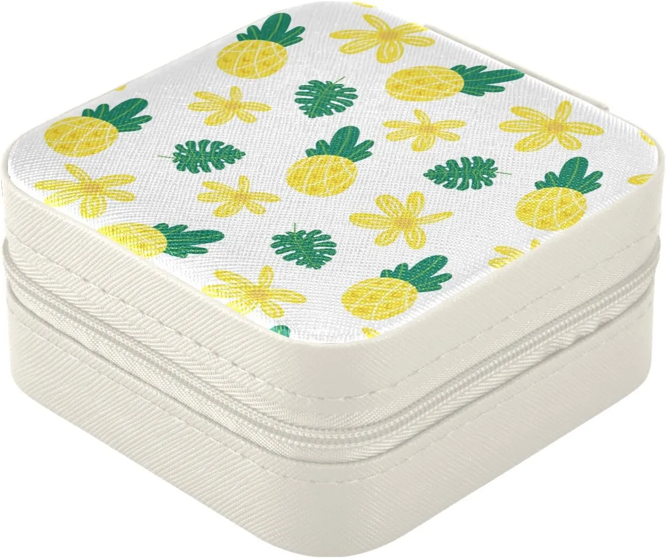 Pineapple Flowers Palm Leaves Jewelry Box Organizer Tropical Yellow Florals Fruit Travel Jewelry Case Small Jewelry Storage Holder for Ring Pendant Earring Necklace Bracelet, Gift for Women G