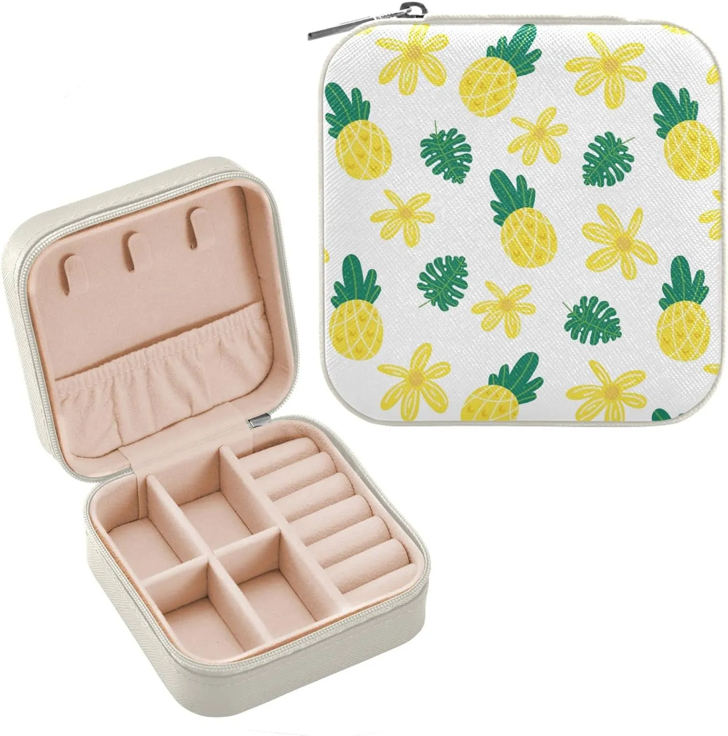 Pineapple Flowers Palm Leaves Jewelry Box Organizer Tropical Yellow Florals Fruit Travel Jewelry Case Small Jewelry Storage Holder for Ring Pendant Earring Necklace Bracelet, Gift for Women G