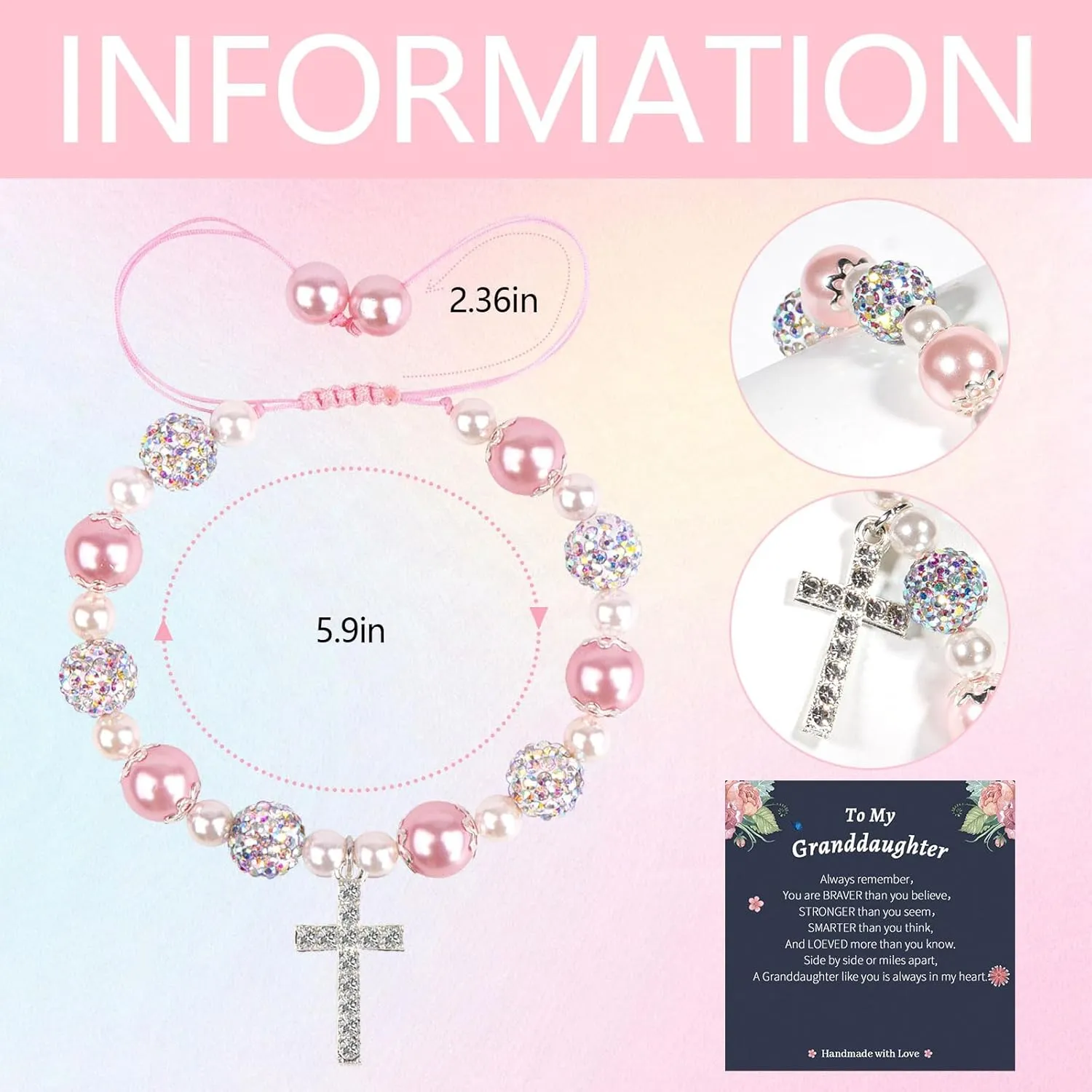 Pink Pearl and Rhinestone Bracelet Cross Charm Bracelet Teen Girls Jewelry Handmade Adjustable Charm Bracelet Gifts for Daughter Granddaughter (To My Granddaughter-Pink)
