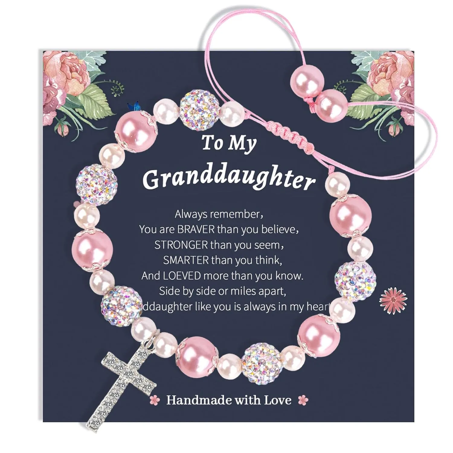 Pink Pearl and Rhinestone Bracelet Cross Charm Bracelet Teen Girls Jewelry Handmade Adjustable Charm Bracelet Gifts for Daughter Granddaughter (To My Granddaughter-Pink)
