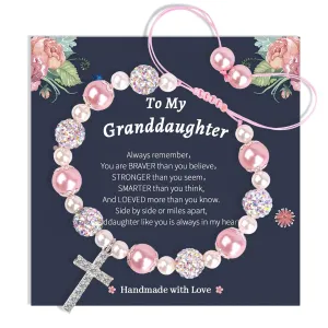 Pink Pearl and Rhinestone Bracelet Cross Charm Bracelet Teen Girls Jewelry Handmade Adjustable Charm Bracelet Gifts for Daughter Granddaughter (To My Granddaughter-Pink)