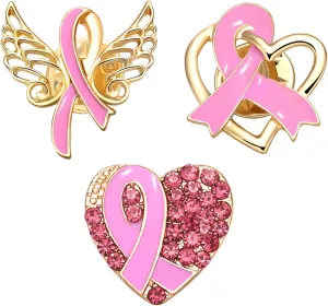 Pink Ribbon Pins Breast Cancer Awareness Brooches Pin Crystal Rhinestone Hope Fight Enamel Pins Lapel Hat African Black Women Brooch Butterfly Buttons Pin Set (3Pcs-C)