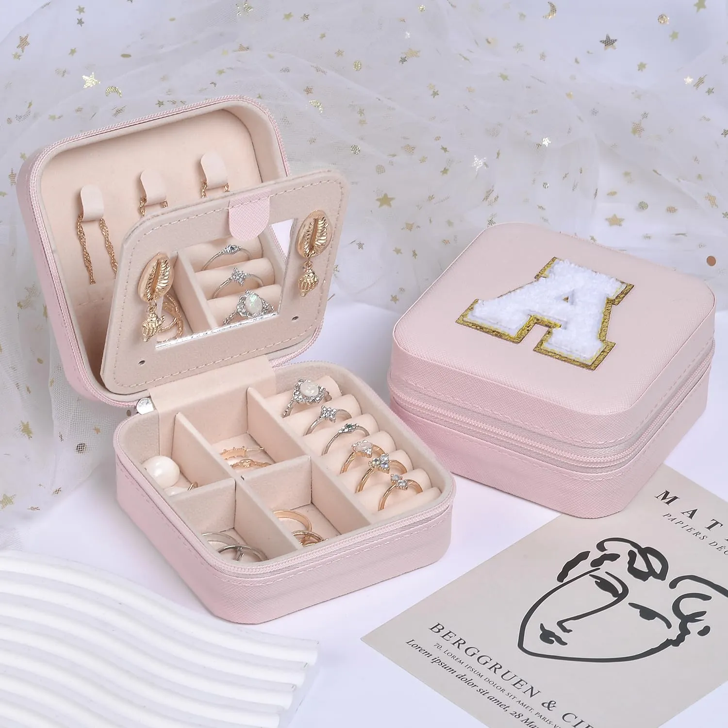 Pink Travel Jewelry Case With H Initial - Birthday Gifts for Women, Girls, Mothers Day, Bridesmaids - Personalized Trendy Jewelry Box