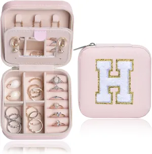 Pink Travel Jewelry Case With H Initial - Birthday Gifts for Women, Girls, Mothers Day, Bridesmaids - Personalized Trendy Jewelry Box