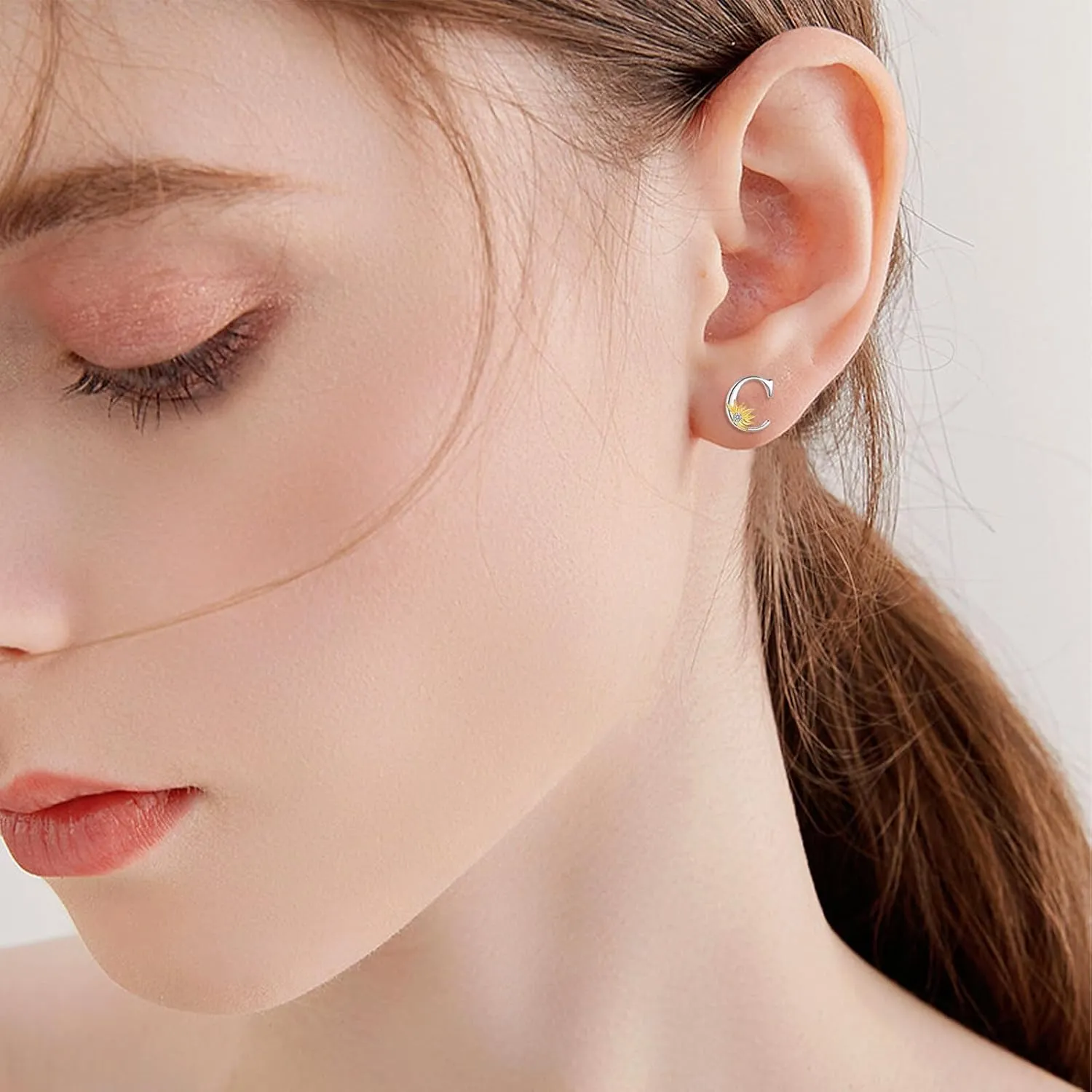 POPLYKE Sterling Silver Initial Alphabet Letter Script Name Earrings Sunflower Initial Studs for Women