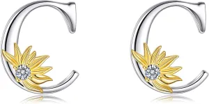 POPLYKE Sterling Silver Initial Alphabet Letter Script Name Earrings Sunflower Initial Studs for Women
