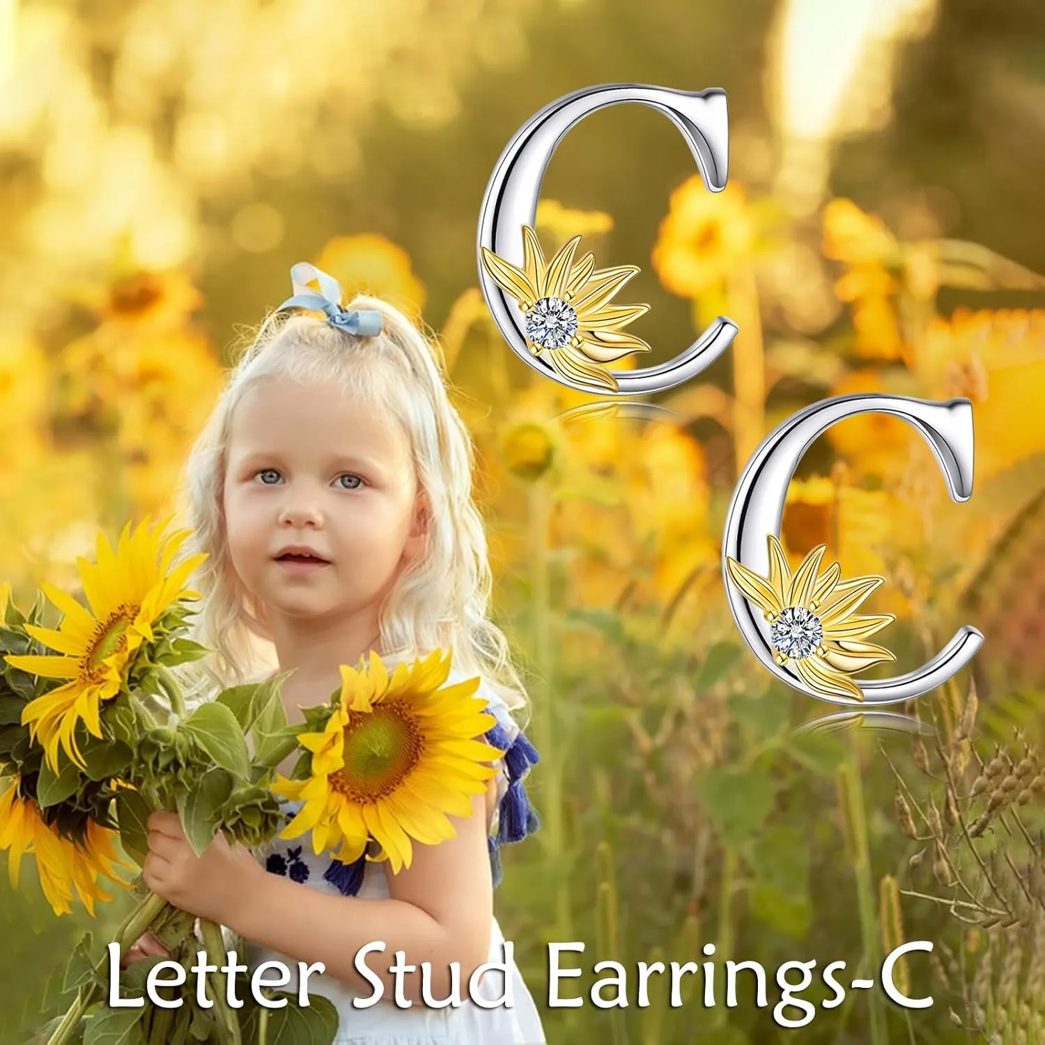 POPLYKE Sterling Silver Initial Alphabet Letter Script Name Earrings Sunflower Initial Studs for Women