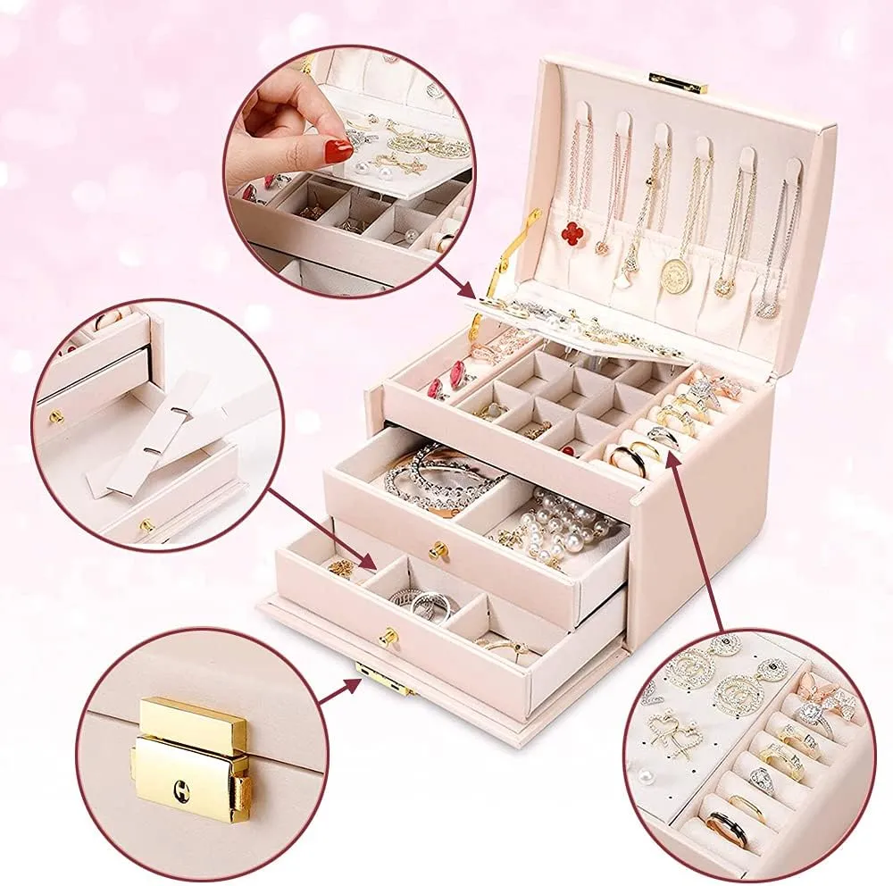 Portable Jewelry Box with Lock, 3 Layer Jewelry Organizer Case for Women Girls, Suitable for Earrings, Bracelets, Rings, Watches and Accessories Storage and Display (Emerald Green)