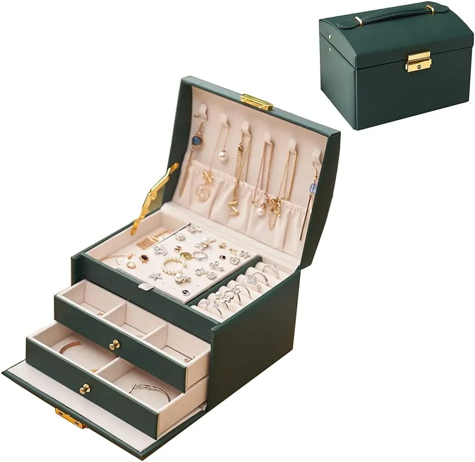 Portable Jewelry Box with Lock, 3 Layer Jewelry Organizer Case for Women Girls, Suitable for Earrings, Bracelets, Rings, Watches and Accessories Storage and Display (Emerald Green)