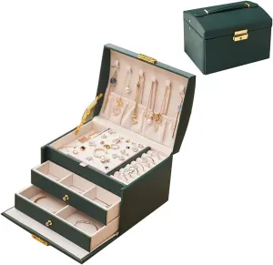 Portable Jewelry Box with Lock, 3 Layer Jewelry Organizer Case for Women Girls, Suitable for Earrings, Bracelets, Rings, Watches and Accessories Storage and Display (Emerald Green)