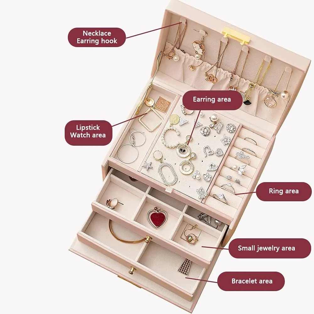 Portable Jewelry Box with Lock, 3 Layer Jewelry Organizer Case for Women Girls, Suitable for Earrings, Bracelets, Rings, Watches and Accessories Storage and Display (White)