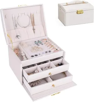 Portable Jewelry Box with Lock, 3 Layer Jewelry Organizer Case for Women Girls, Suitable for Earrings, Bracelets, Rings, Watches and Accessories Storage and Display (White)