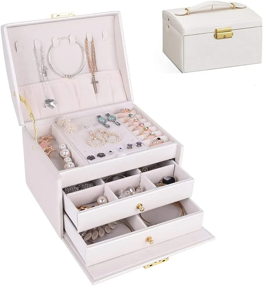 Portable Jewelry Box with Lock, 3 Layer Jewelry Organizer Case for Women Girls, Suitable for Earrings, Bracelets, Rings, Watches and Accessories Storage and Display (White)