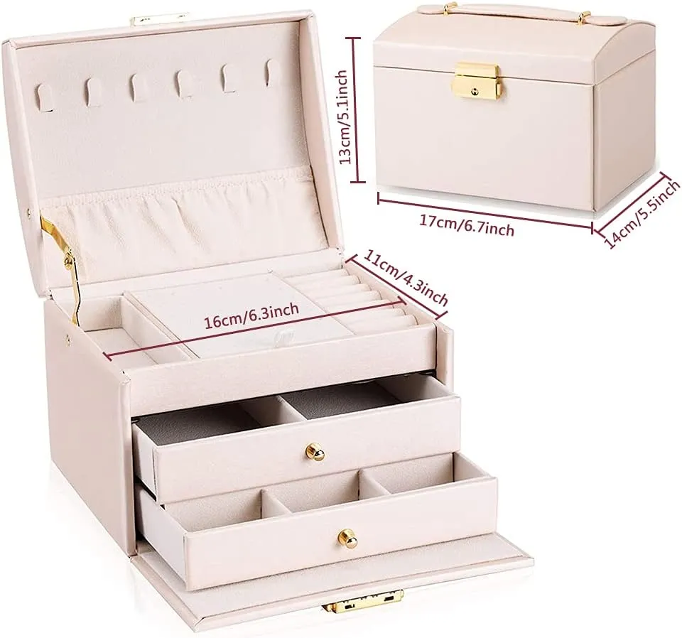 Portable Jewelry Box with Lock, 3 Layer Jewelry Organizer Case for Women Girls, Suitable for Earrings, Bracelets, Rings, Watches and Accessories Storage and Display (White)
