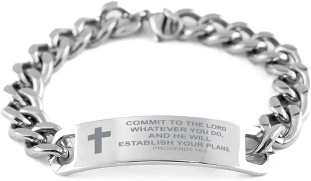 Proverbs 16:3 Bracelet Men Women, Cuban Chain Stainless Steel Bracelet, Commit To The Lord Whatever You Do, Gifts for Birthday Valentines Christmas Bible Verse Inspirational
