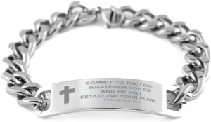 Proverbs 16:3 Bracelet Men Women, Cuban Chain Stainless Steel Bracelet, Commit To The Lord Whatever You Do, Gifts for Birthday Valentines Christmas Bible Verse Inspirational