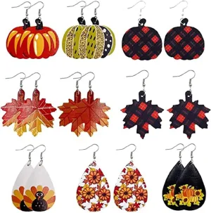 Pumpkin Maple Leaf Dangle Earrings Autumn Halloween Fall Faux Leather Earrings Teardrop Pumpkin Vegan Leather Earrings Thanksgiving Jewelry Fashion Accessory for Women Girls