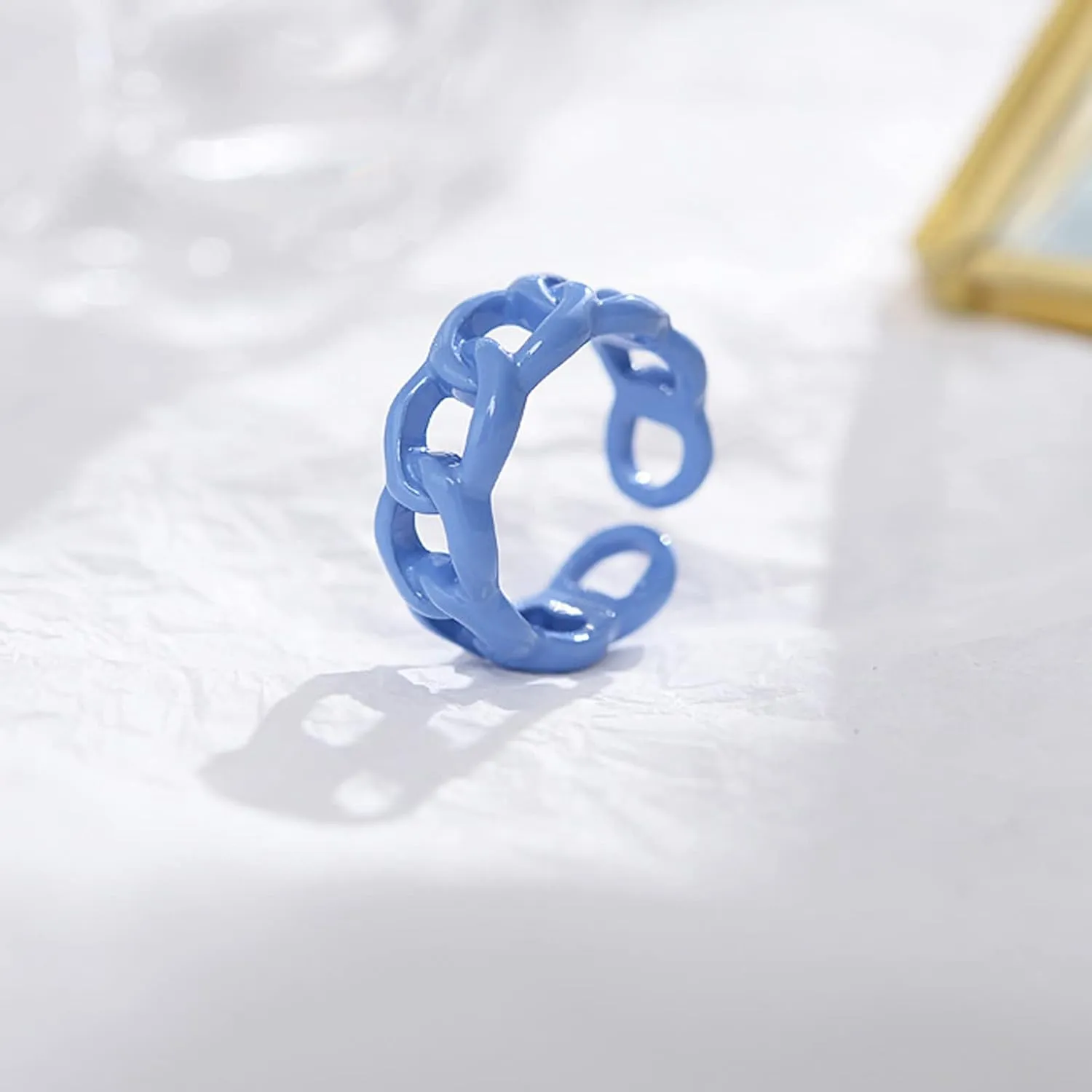Punk Chunky Open Enameled Colorful Geometric Link Chain Stackable Adjustable Size Finger Ring Set Jewelry for Women Valentine's Day Birthday Gift