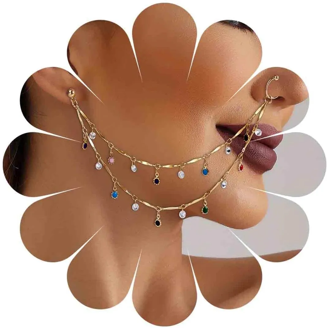Punk Fake Nose Ring Chain Colorful Crystal Dangle Nose Hoop Ring Gold Layered Tassel Nose Ring Chain with Chain Non Piercing Cuff Nose to Ear Chain Indian Jewelry for Women