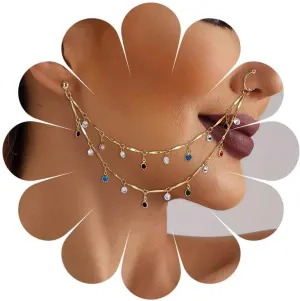 Punk Fake Nose Ring Chain Colorful Crystal Dangle Nose Hoop Ring Gold Layered Tassel Nose Ring Chain with Chain Non Piercing Cuff Nose to Ear Chain Indian Jewelry for Women