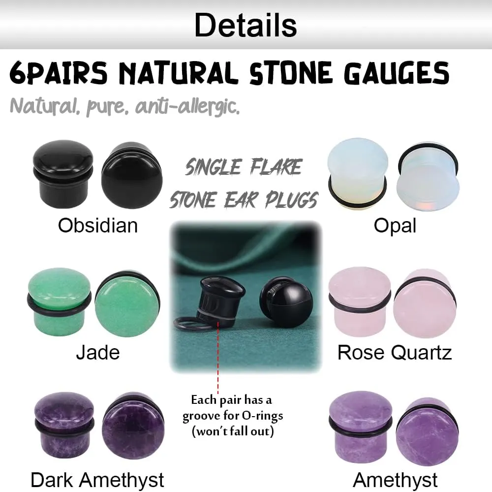 PunkTracker 6Pairs 4g-11/16 Multiple Stone Single Flared Ear Plugs with Silicone O-Ring Expander Gauges