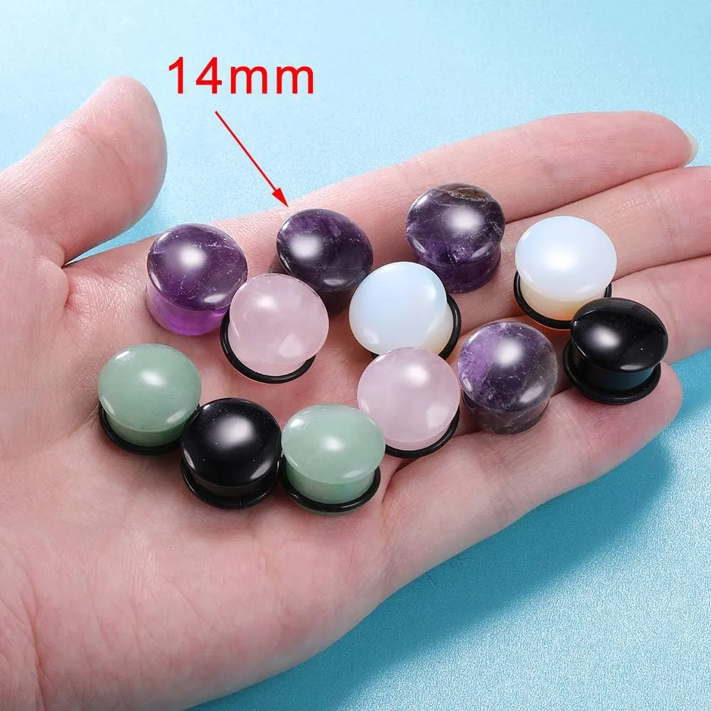 PunkTracker 6Pairs 4g-11/16 Multiple Stone Single Flared Ear Plugs with Silicone O-Ring Expander Gauges